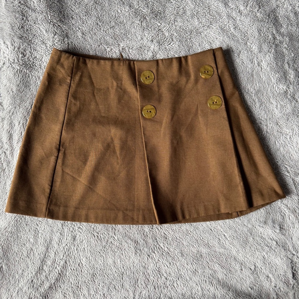 Zara Brown Double Breasted Button Mini Skirt Size Large Camel Pleated Front